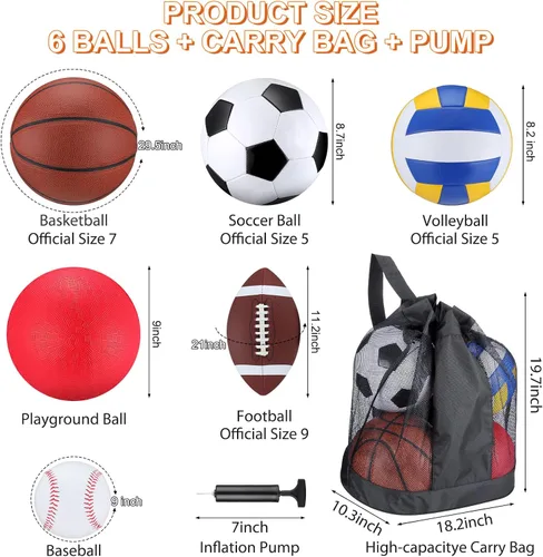 Vista 2 de Libima Juego de 6 Pelotas Multideporte de Tamaño Oficial Fútbol Baloncesto Fútbol Soccer Voleibol Pelota de Patio Béisbol con Bolsa de Equipo