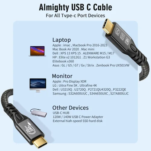 Vista 8 de Cable USB C 3.2 Gen 2X2 20Gbps, tipo C 4K a 60Hz UHD Video 5A/240W PD3.1 Carga rápida con E-Marker Compatible con Thunderbolt 3/4 MacBook Pro