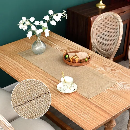 Vista 9 de NEWISHER Camino de mesa rústico de lino sintético con borde de vainica, decoración de mesa rectangular beige sólido para comedor, mesa auxiliar