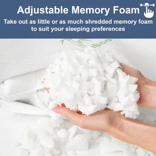 Vista 3 de Almohadas de Rayón Derivado de Bambú Tamaño Estándar - [Ajustable] Espuma Viscoelástica Triturada para Dormir - Funda de Almohada Refrescante