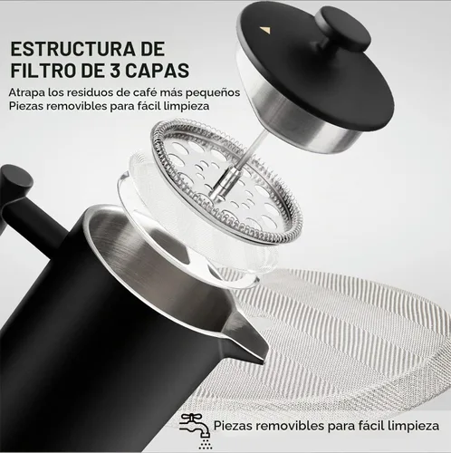 Vista 4 de Secura Cafetera de prensa francesa con filtro de acero inoxidable de 3 capas, 34 onzas, negro, diseño aislado de doble pared con 2 filtros