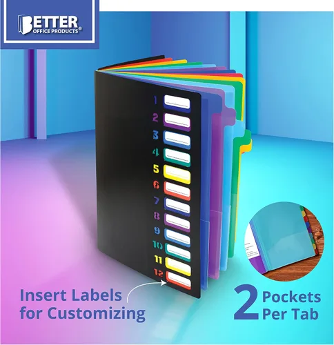 Vista 6 de Better Office Products Carpeta de archivos expansible de 24 bolsillos transparentes con 12 pestañas de colores, tamaño carta, capacidad para 300