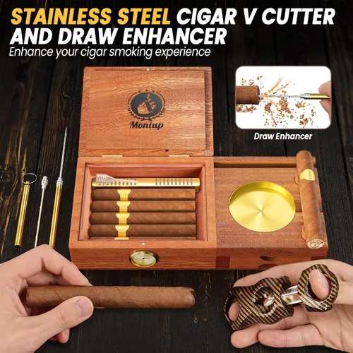 Vista 5 de Juego de humidor y cenicero con forro de madera de cedro, con cortador de puros, higrómetro, humidificador, potenciador de dibujo, bandeja de whisky