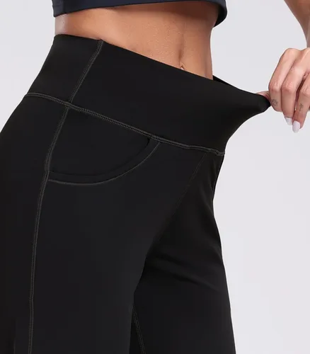 Vista 4 de Oalka Pantalones de pierna ancha para mujer, pantalones de yoga de cintura alta con bolsillos, pantalones deportivos de talla grande