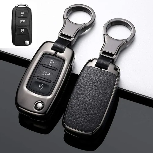 Vista 11 de SANRILY 1 unids Flip Key Fob Funda para Volkswagen Jetta Passat Golf Beetle GTI Tiguan EOS Keyless Remote Metal Cuero Key Protector Shell con Rojo