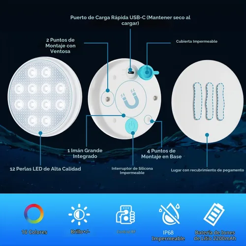Vista 4 de QOLNBY - Luces de piscina recargables, luces LED sumergibles con control remoto, luces subacuáticas impermeables IP68, luz flotante que cambia de 16