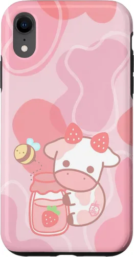 Vista 24 de Funda Kawaii para iPhone 12, diseño de vaca fresa, color rosa