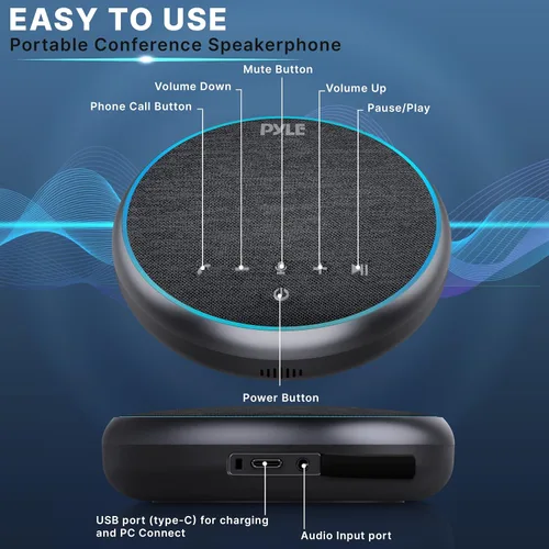 Vista 2 de Pyle Altavoz portátil para conferencias, teléfono inalámbrico multifuncional con altavoz BT con USB C y cable auxiliar, cobertura de micrófono