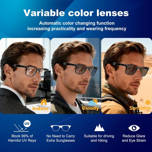 Vista 3 de Gafas inteligentes AI, gafas de traducción con GPT de chat y 164 idiomas Bluetooth Glasses with Photochromic Lens, Music Playback & Hands-Free