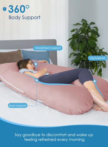 Vista 3 de QUEEN ROSE Almohadas de embarazo extra largas, almohada corporal en forma de U de 60 pulgadas para dormir, almohada refrescante de maternidad