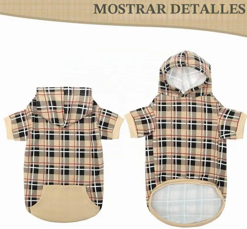 Vista 4 de EXPAWLORER Sudadera con capucha para perro a cuadros, estilo británico con agujero para correa Beige