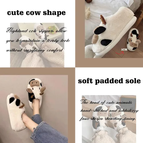 Vista 4 de Reedcore Pantuflas de vaca para mujer, pantuflas de vaca para niñas, pantuflas de algodón de felpa mullida para el hogar, para interiores