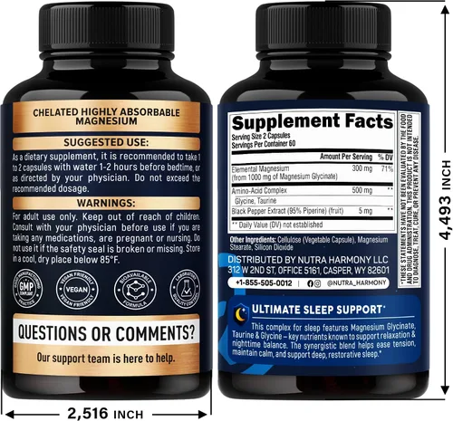 Vista 2 de Glicinato de magnesio – Apoyo para el sueño y la relajación – Glicinato extra fuerte, glicina y taurina 1500 mg – Suplemento de magnesio