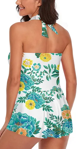 Vista 3 de Traje de baño tankini halter para mujer, de dos piezas, con control de abdomen, cuello en V, fluido con pantalones cortos