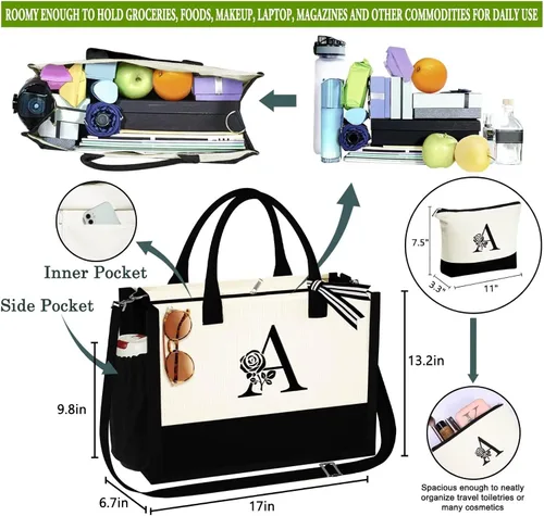 Vista 2 de YOOLIFE Bolsa de lona personalizada con inicial con bolsa de maquillaje, bolsa de playa con cremallera correa ajustable, regalos de cumpleaños