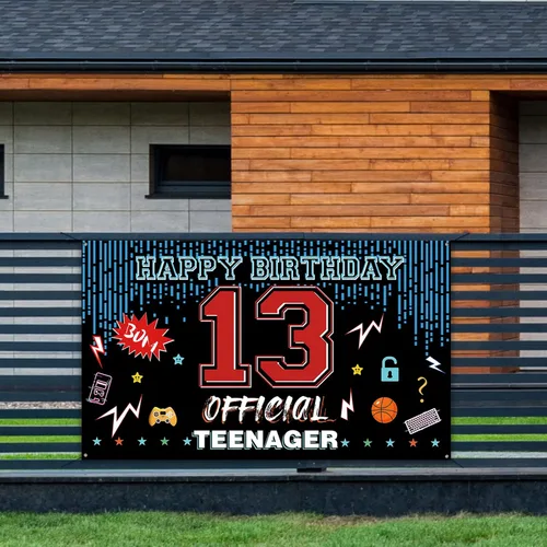 Vista 6 de Cartel oficial de telón de fondo para puerta de cumpleaños de 13 años, decoraciones de feliz cumpleaños para niños y niñas, rojo y azul de 13 años