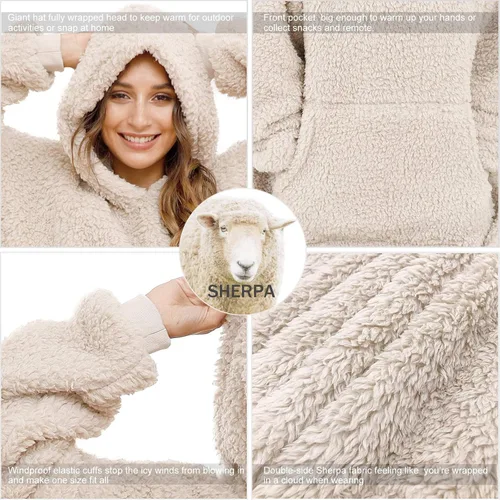 Vista 7 de Manta Sherpa con capucha de gran tamaño, sudadera con capucha y manga larga y bolsillo, color beige