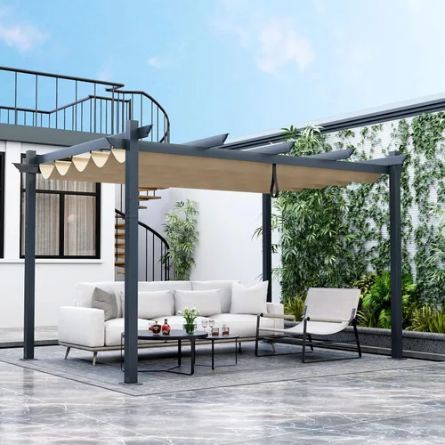 Vista 12 de Tangkula Pérgola de 10 x 12 pies, pérgola de aluminio resistente para exteriores con toldo retráctil, pabellón de refugio de patio extragrande