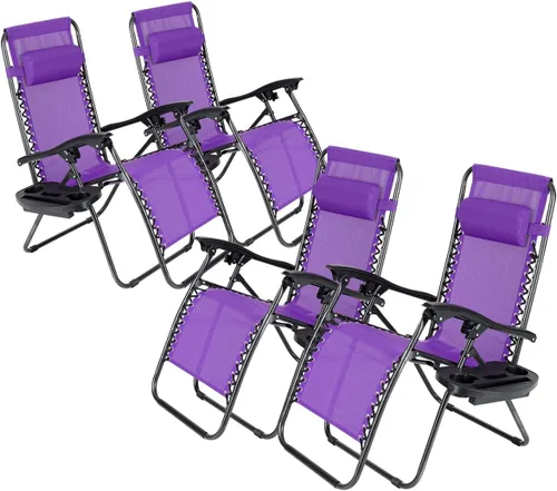Vista 12 de Juego de 4 sillas reclinables de gravedad cero de malla de acero para acampar al aire libre con reposapiés, ajustable, almohada, bandeja, beige