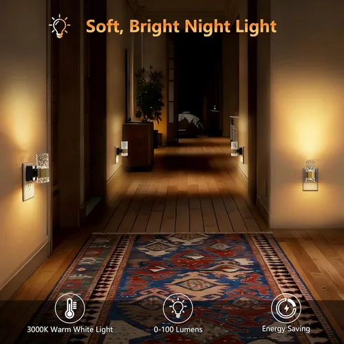 Vista 6 de Luces LED de noche de acrílico regulables, sensor de atardecer a amanecer, paquete de 2 Brillo ajustable de 0-100 lúmenes. Ambiente de oro cálido