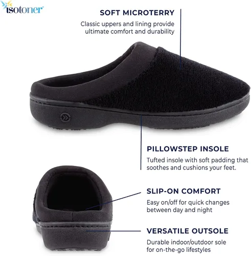 Vista 2 de isotoner Womens Terry and Satin Slip on Cushioned Slipper with Memory Foam for IndoorOutdoor Comfort Flat Sandals