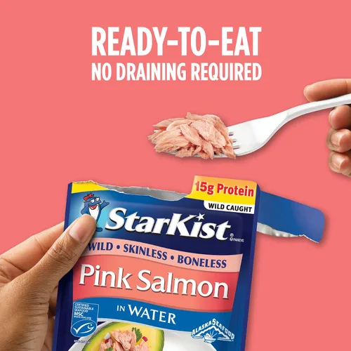 Vista 5 de StarKist Salmón rosado sin piel y sin hueso en agua, bolsa de 2.6 onzas 0.53 oz de proteína por porción, capturado en la naturaleza, sin gluten