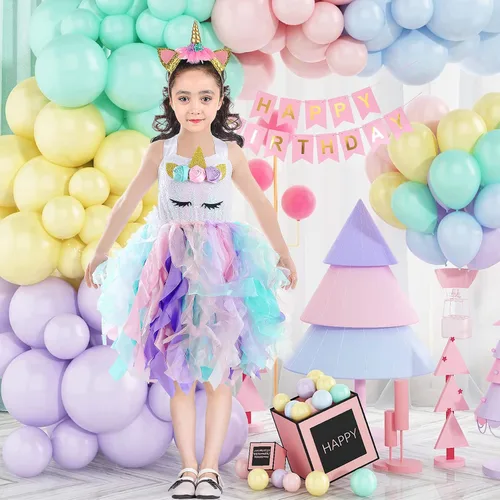Vista 7 de Wish Care Disfraz de unicornio para niñas de 3 a 10 años, vestido de tutú de unicornio con lentejuelas y arco iris, disfraz de fiesta de cumpleaños
