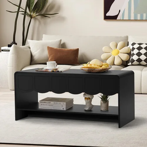Vista 3 de Mesa de centro elevable con compartimento oculto, mesa central de madera de 2 niveles con panel ondulado, moderna mesa elevadora para el hogar, sala