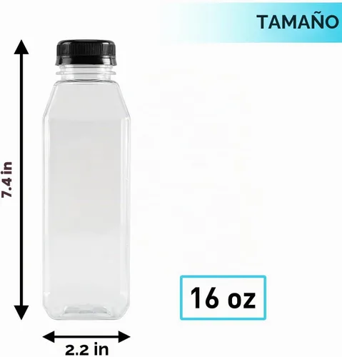 Vista 6 de 6 botellas de plástico de 16 onzas con tapas, reutilizables, transparentes, a granel, con tapas negras resistentes a manipulaciones, para jugos