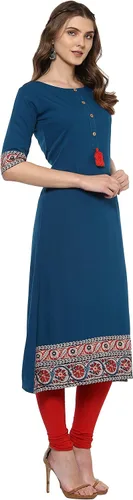 Vista 5 de Janasya Mujeres Azul Impreso Túnica TopsKurti Con Borlas