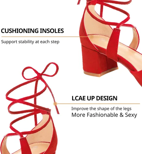 Vista 4 de Heel The World Tacones con cordones para mujer, tacones gruesos con punta puntiaguda, sandalias de vestir de bloque bajo con tiras para mujer