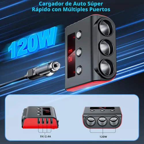 Vista 3 de SONRU - Divisor de encendedor de cigarrillos 7 en 1, divisor de encendedor de cigarrillos con 4 puertos USB de carga rápida, interruptores