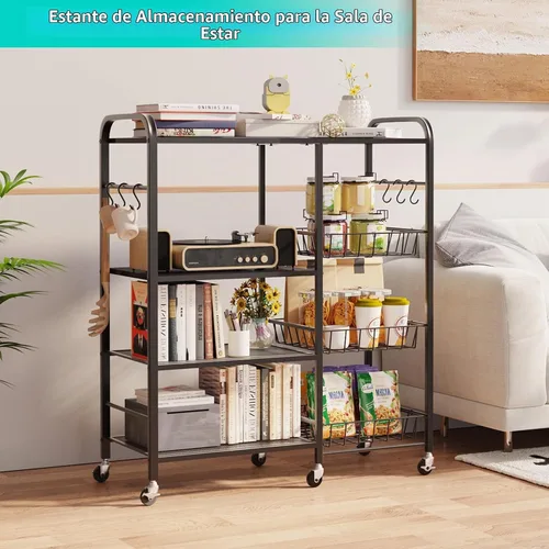 Vista 5 de HapiRm - Carrito rodante de cocina con microondas de 4 niveles - Soporte de mesa para microondas con cestas extraíbles, estante de almacenamiento