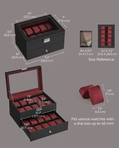 Vista 6 de SONGMICS Caja de reloj de 20 ranuras, caja de reloj con tapa de vidrio, 2 capas, vitrina de reloj con cerradura, cuero sintético negro, forro rojo