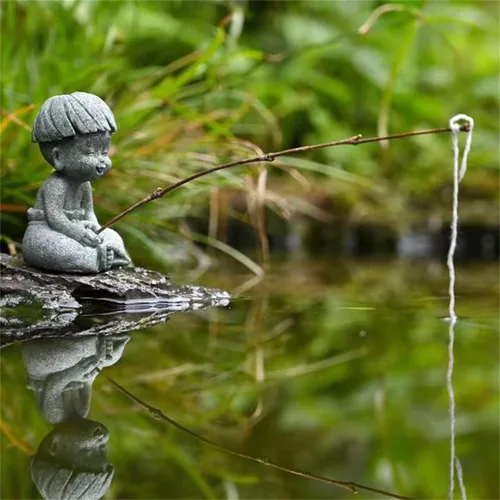 Vista 5 de livelyfish Little Fisherman Figurines Sandstone Chinese Miniatura Fisherman Statua Ornamento para pecera, micro paisaje, bonsái, decoración