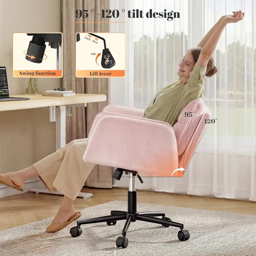Vista 6 de DurayLoly Silla Criss Cross con ruedas, silla de escritorio rosa con reposabrazos ajustables, silla de tocador con respaldo para dormitorio, sala