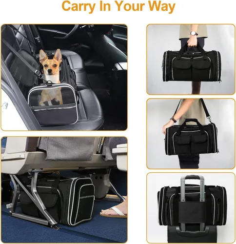Vista 3 de Estarer Transportador de mascotas de lados suaves aprobado por aerolíneas, transportador plegable expandible de 4 lados con bolsillos y almohadilla