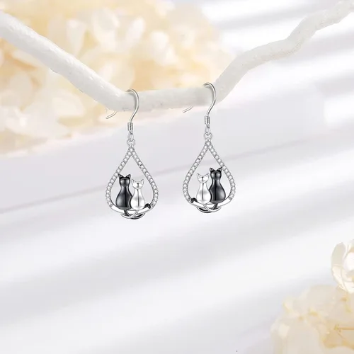 Vista 181 de Aretes colgantes de plata de ley con diseño de árbol de la vida, flor, abeja, animales, gato, colibrí, piedra lunar, turquesa, aretes con cierre