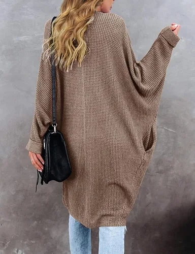 Vista 3 de ZESICA Women's 2023 Fall Casual Waffle Knit Solid Color Long Batwing Sleeve Oversized Open Front Sweater Cardigan Coat