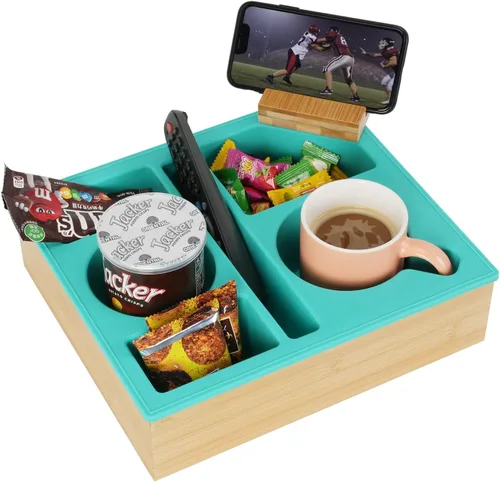 Vista 12 de Bandeja con Soporte para Tazas de Sofá, Caddy de Bambú de Silicona Hitseon con Soporte Giratoria para Teléfono para Cama y Asiento de Coche