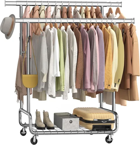 Vista 8 de SONGMICS Perchero de Ropa, Perchero de Ropa Rodante de Servicio Pesado con Ruedas, Barra Colgante Extensible y Altura Ajustable, Portátil, con Plata
