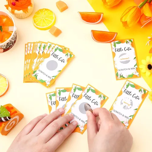 Vista 4 de Minatee Paquete de 60 tarjetas para rascar Little Cutie Little Cutie Baby Shower Games Orange Theme Tarjetas raspar para Little Cutie Baby Shower
