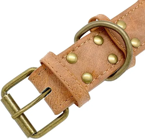 Vista 3 de Collar de perro de cuero con púas de 2 pulgadas, remache afilado antimordidas para perros Pit Bull medianos y grandes, cuello marrón para 14-19