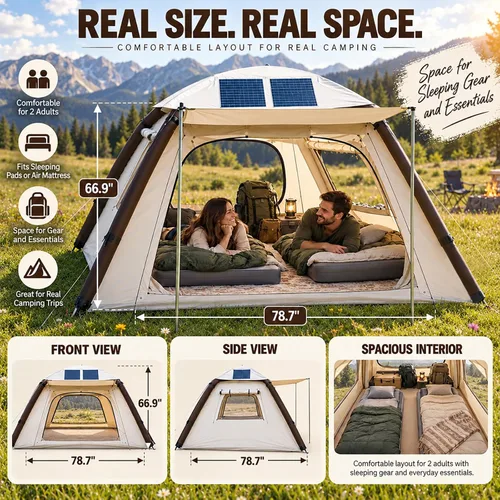 Vista 3 de Inflatable Tent for 4 Person with Solar Panel, Pump, Canopy & Porch