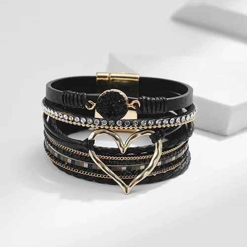 Vista 4 de Fesciory Pulsera de leopardo para mujer, pulsera de cuero bohemio multicapa con perlas de cristal