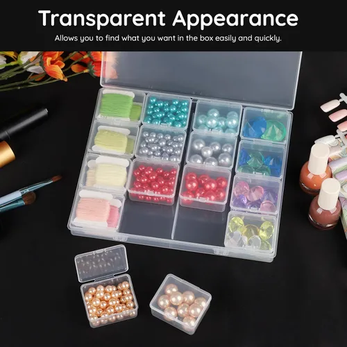 Vista 6 de Segbeauty Caja grande de almacenamiento de cuentas, organizador de gemas transparentes de 16 rejillas con tapa con bisagras, paquete de 2