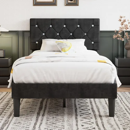 Vista 14 de VECELO Base de cama tamaño individual con plataforma tapizada con cabecera ajustable de botones de diamante, soporte de listones de madera,