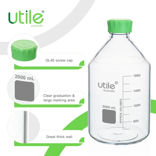 Vista 3 de Utile Botella de medios, 3.3 botellas de almacenamiento de vidrio de borosilicato con tapas, botellas de medios de laboratorio de 67.6 fl oz
