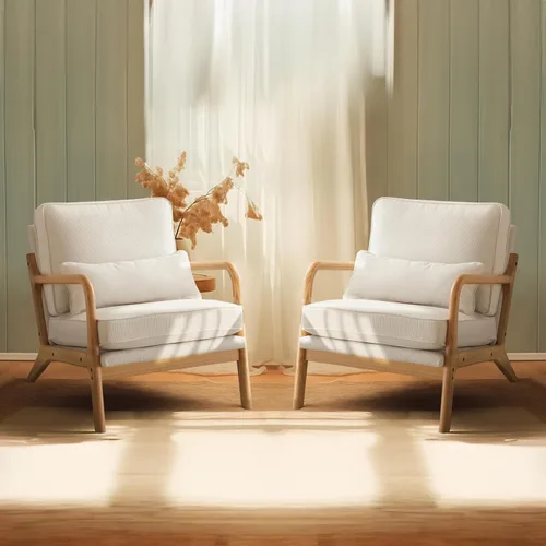 Vista 20 de Bonnlo - Silla de acento moderna de mediados de siglo con tela de lino beige, sillones de descanso con acolchado de madera maciza para sala