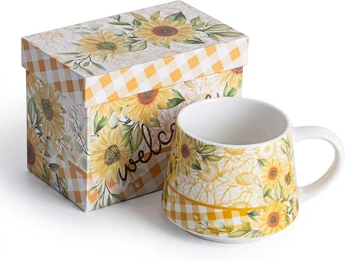 Vista 11 de Taza de cerámica de viaje de Voltugar con tapa y asa para el hogar y la oficina, taza de té alta de porcelana con diseño de olas y caja